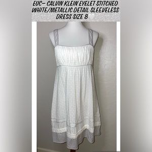 EUC- Calvin Klein Eyelet Stitched White/Silver Detail Sleeveless Dress Size 8🤍
